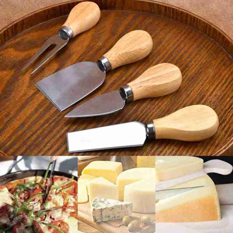 Juego de cuchillos para queso, manija de caja de madera, cocina, juegos de repostería, acero inoxidable, cuatro piezas