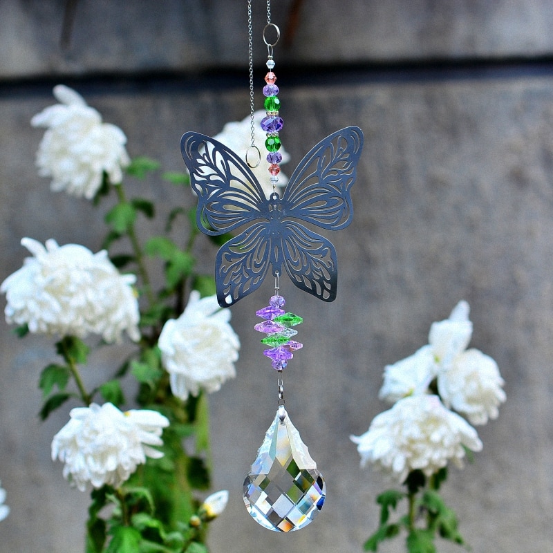 KAINAI-atrapasol colgante de cristal para jardín, prismas de cristal, adorno de arcoíris, joya de mariposa, ventana, decoración de jardín, fengshui,: Default Title