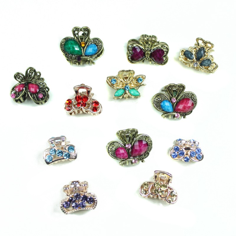 12PC Vintage Metal Butterfly Small Mini Hair Clip Claw Clamp Retro Crystal Rhinestone Hairpin Jewelry Hair Accessories For Women