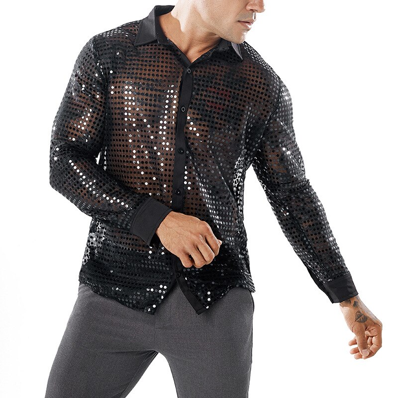 Discothèque sexy paillettes hommes chemise évider punk blouse décontractée chanteur scène costume homme or noir chemise à manches longues