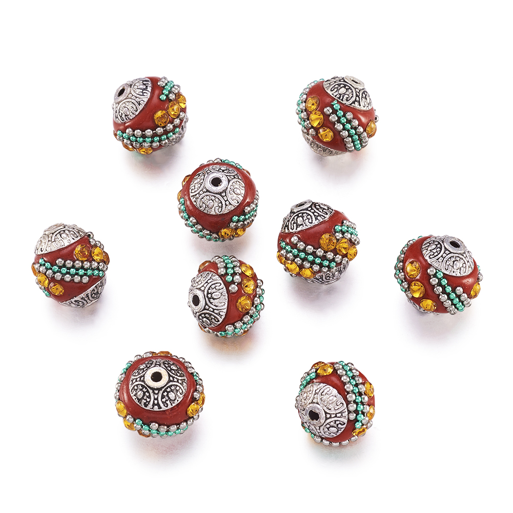 10 peças 14-15mm contas redondas soltas feitas à mão indonésia para fazer jóias pulseira diy com núcleos de liga banhados a prata antiga: Prateado