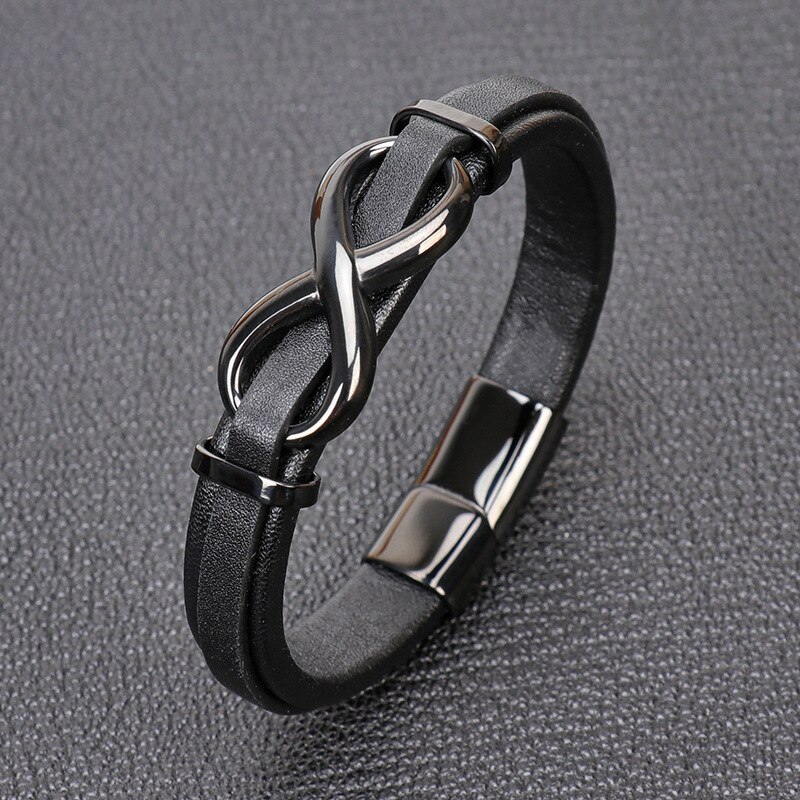 Mkendn zwarte titanium roestvrijstalen magnetische leren armband voor heren en dames, infinity sieraden, power bangels, vriendschap