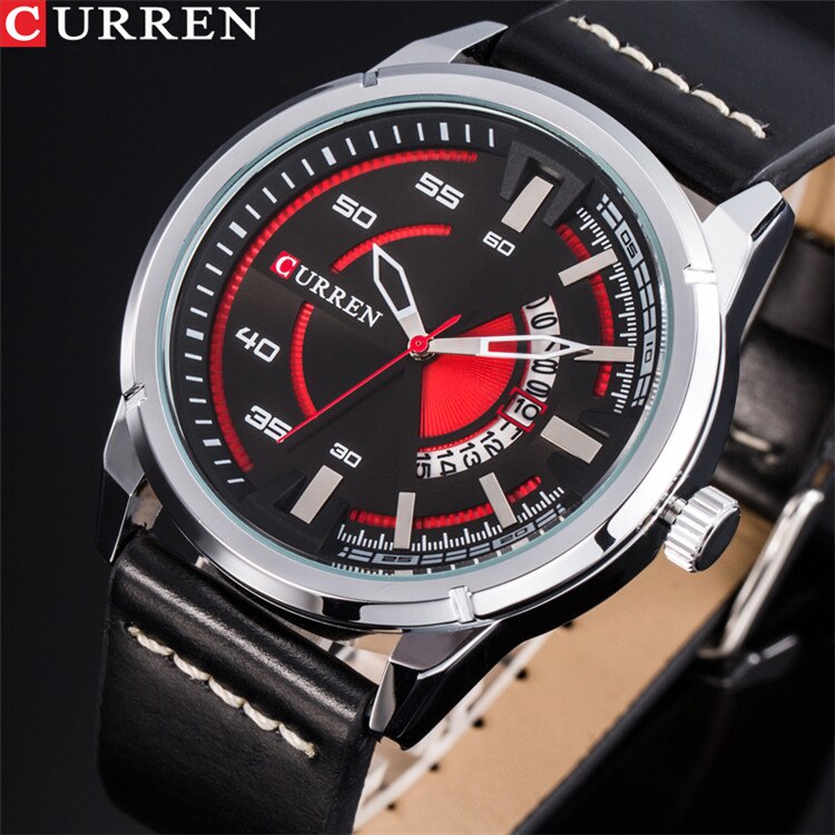 CURREN Watches Casual Quartz Male Clock Display Date Leather Strap Men Wristwatch Montre Homme Reloj Hombre: silver red