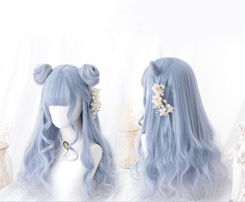 Lolita-perruque pour Cosplay de couleurs mélangées bleu clair, avec franges mignonnes, avec oreilles, cheveux pour fête, D052