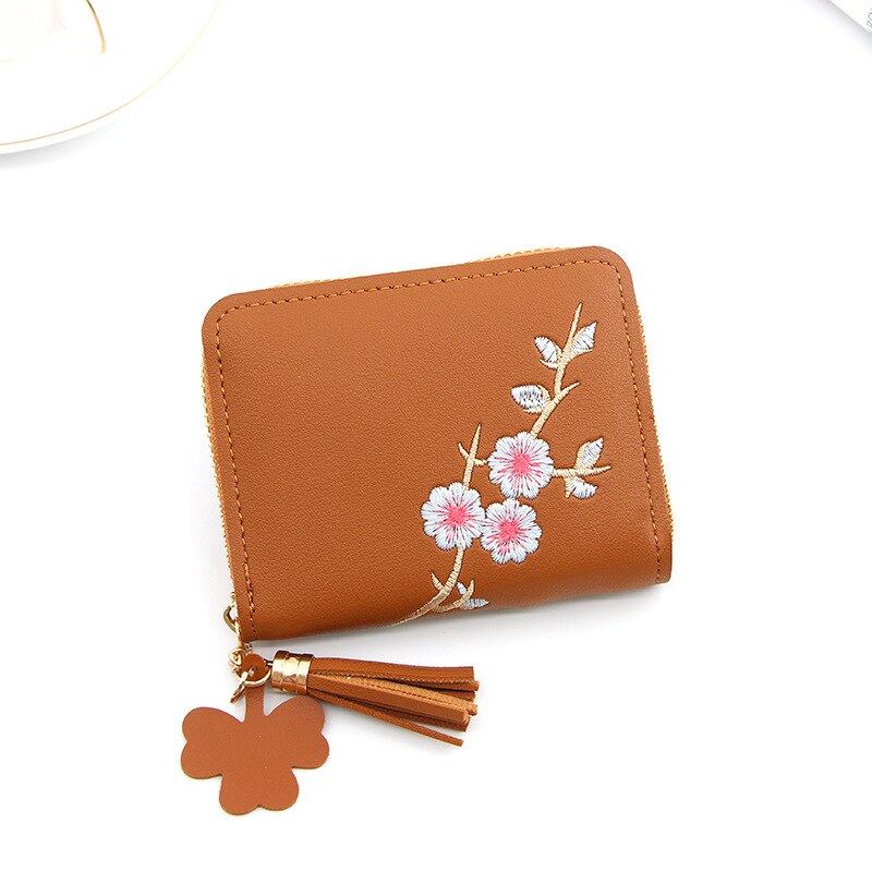 Women Wallets Ladies Flower Embroidery Tassel Short Wallet Girls Cute Zipper Purse Change ID Card Coin Pocket Card Holder: Brown