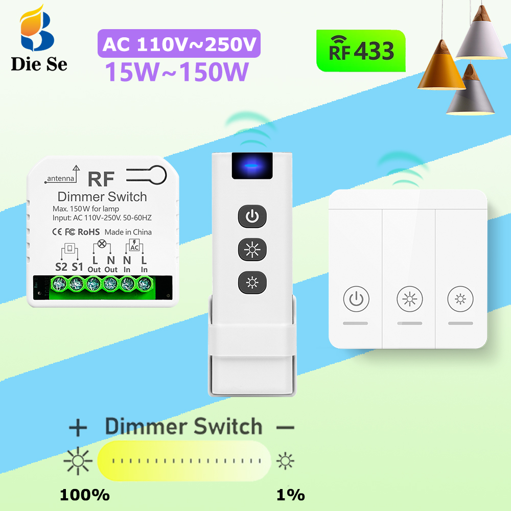433MHz Wireless Dimmer Controller 110V 220V 150W for LED and 86 Wireless Wall Switch and Wireless Remote Control Transmit 50m