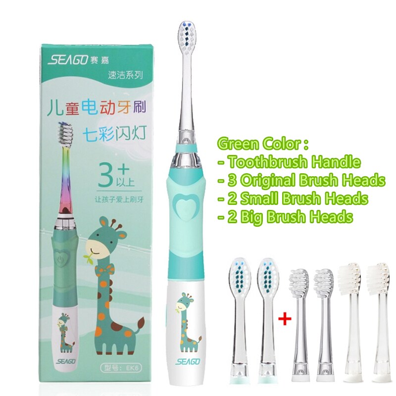 SEAGO Kinder Sonic Elektrische Zahnbürste Betriebene Wasserdichte LED Licht für 3-12 Alter Kinder Smart-Timer 3 Weichen Borsten pinsel Köpfe: Green and 2Big2Small