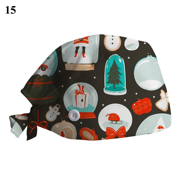 Kerstprint chirurgische muts voor dames heren verpleegstersmuts met knoop zweetabsorberende handdoek doktersmuts scrub muts gesp baotou muts