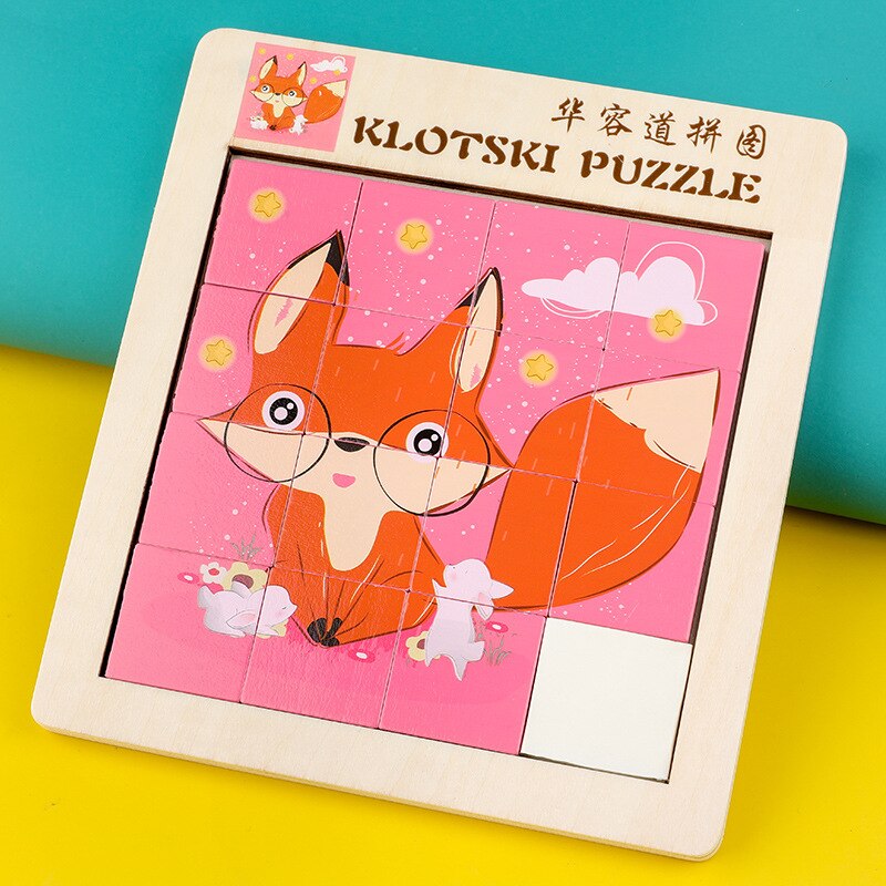 Wooden Children's Wisdom Early Teaching Building Block Cartoon Animal Double Sided Digital Huarong Road Puzzle Toy: 3