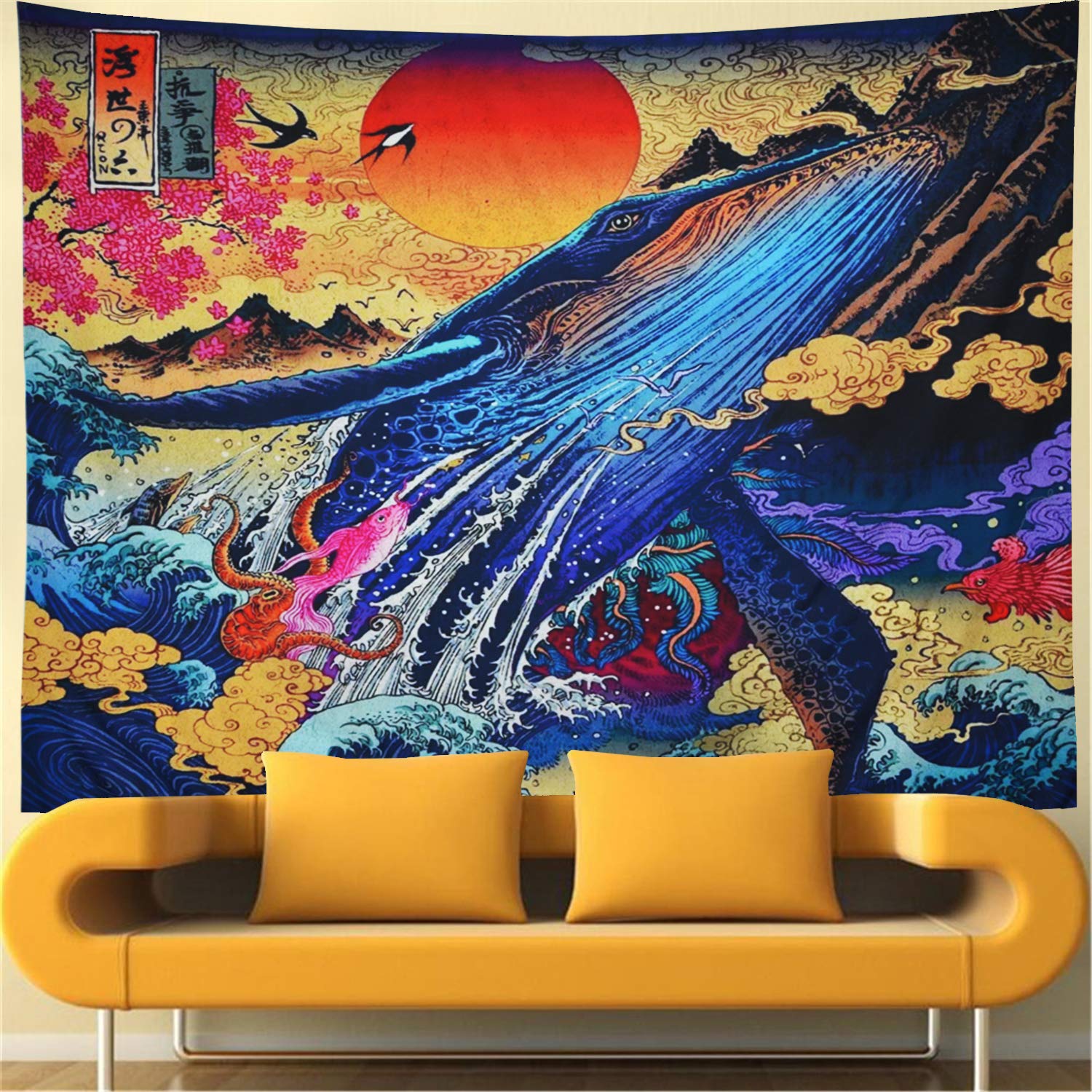 Auringonlasku suuri aalto valas tapetry japanilainen taide valtameri maisema wall hanging