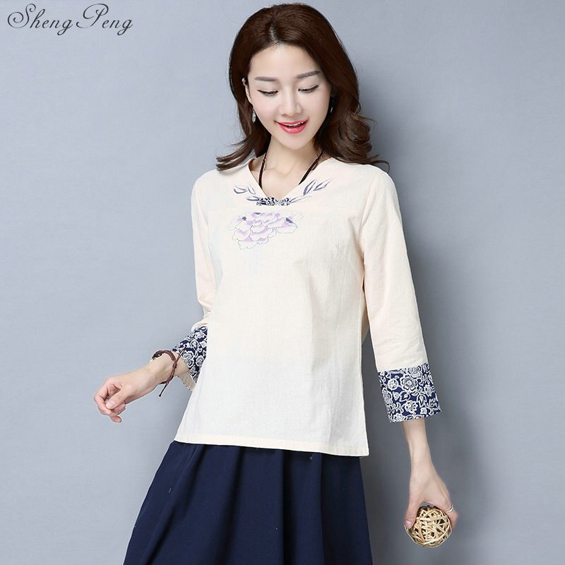 Camisas de lino y algodón de estilo chino vintage para mujer, blusa informal de uso diario con cuello redondo, bordado floral hanfu, V1810,