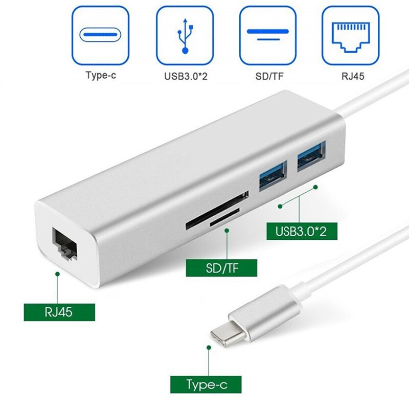 USB C Hub 5 en 1 Adaptador USB tipo C de alta velocidad con SD/lector de tarjetas TF RJ45 Gigabit USB 3,0 puertos para PC Mac