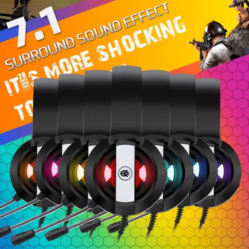Gaming Headsets Gamer Hoofdtelefoon 7.1 Surround Sound Stereo Bedrade Koptelefoon Usb Microfoon Bule Licht Pc Laptop Game Headset