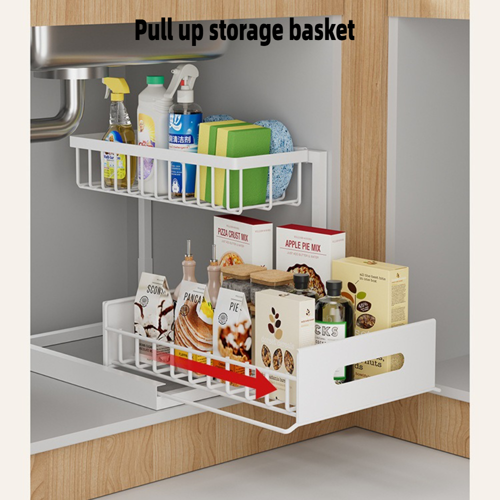Estante de almacenamiento tipo tirador para fregadero inferior, organización de condimentos de mesa, cesta extraíble, cajón, estante de almacenamiento, superficie, gabinetes de cocina