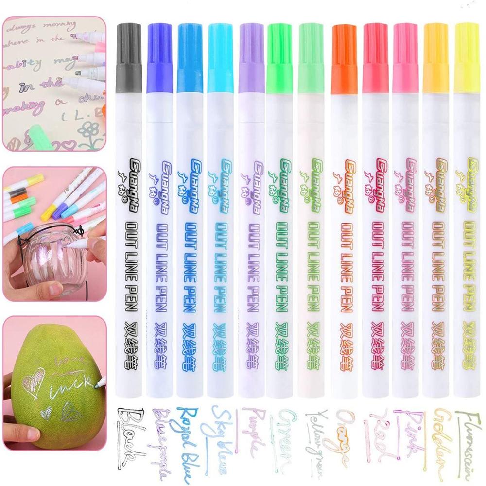 12 Magic Double Lines Art Markers Pen Out Line Pen Fine Liner Marker Fineliner Calligraphy Lettering Pen Color Scrapbooking Pens