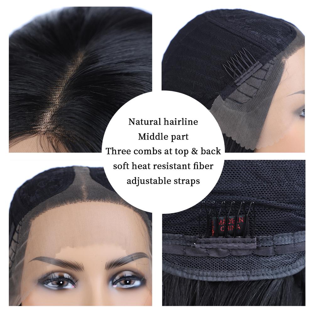 Lydia For Women Short Bob Front Lace Synthetic Hair Wigs Natural Black Yaki Straight Middle Part Wig Breathing Elastic Net