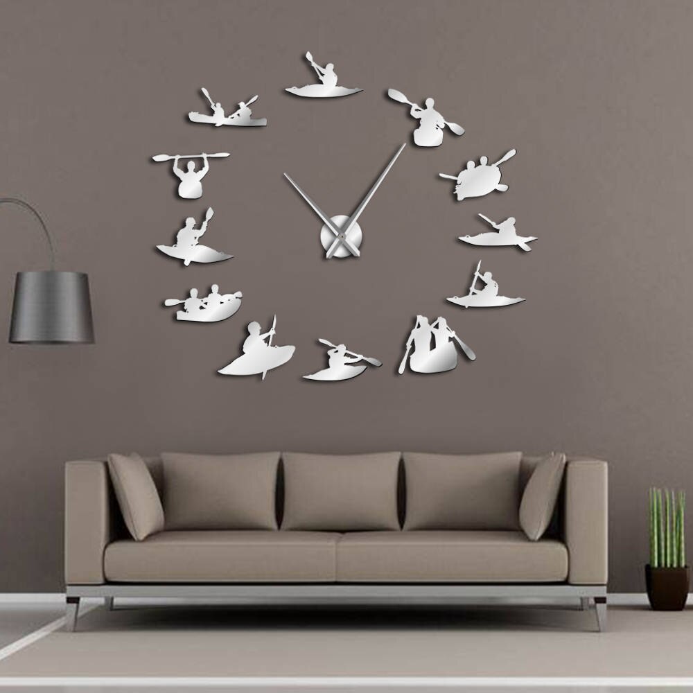 Canoa Rafting deportes acuáticos kayak DIY Reloj de pared grande con efecto espejo Kayakers gigante sin marco reloj de agujas grandes