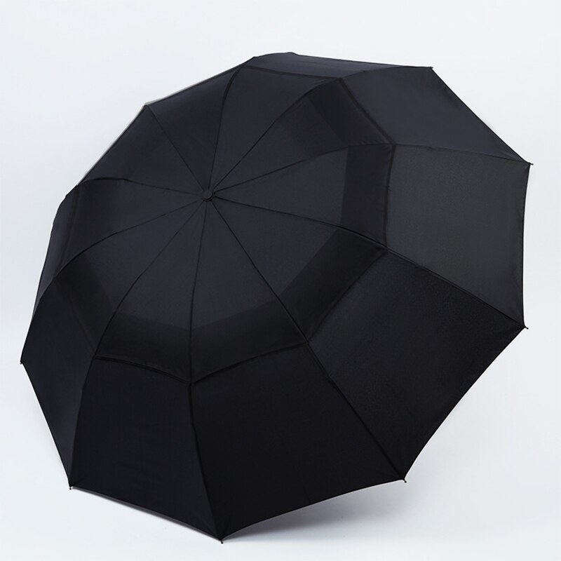 Stort hopfällbart damparaply regn män dubbellager stort reseparaply vattentätt herrparasoll för 3-4 personer 125cm diameter: Svart