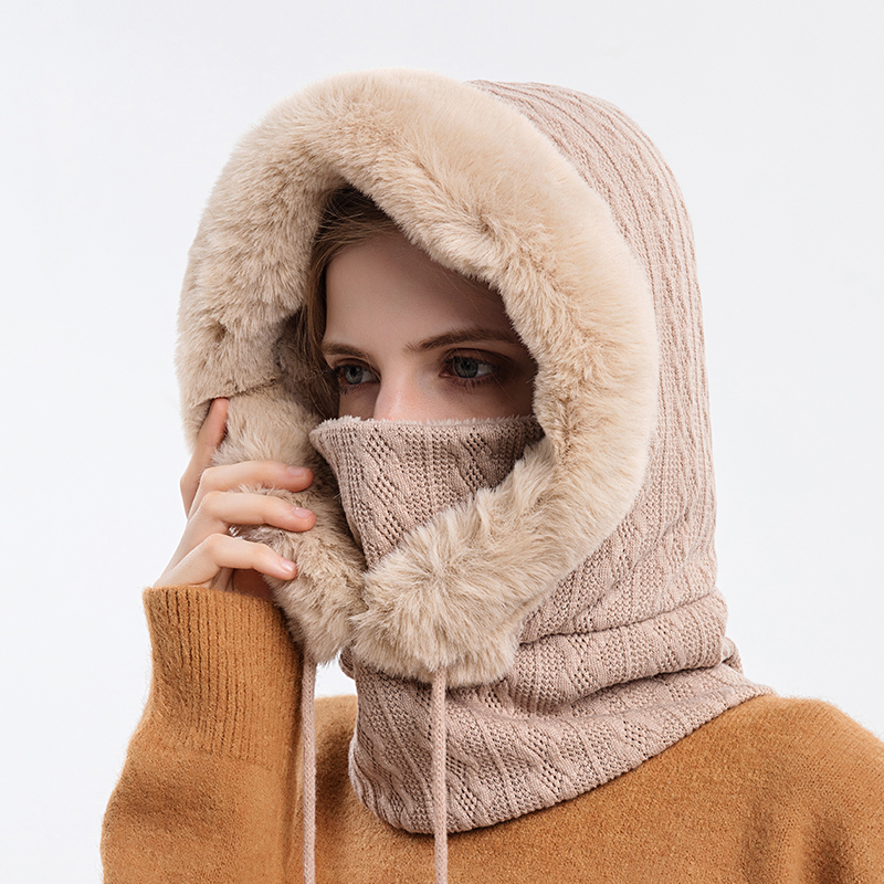 Winter-Pelzmütze, Masken-Set mit Kapuze für Damen, gestrickt, Kaschmir, Hals, warm, Sturmhaube, Ski, winddicht, Mütze, dicker Plüsch, flauschige Mützen, Kapuze: Licht nussbaum