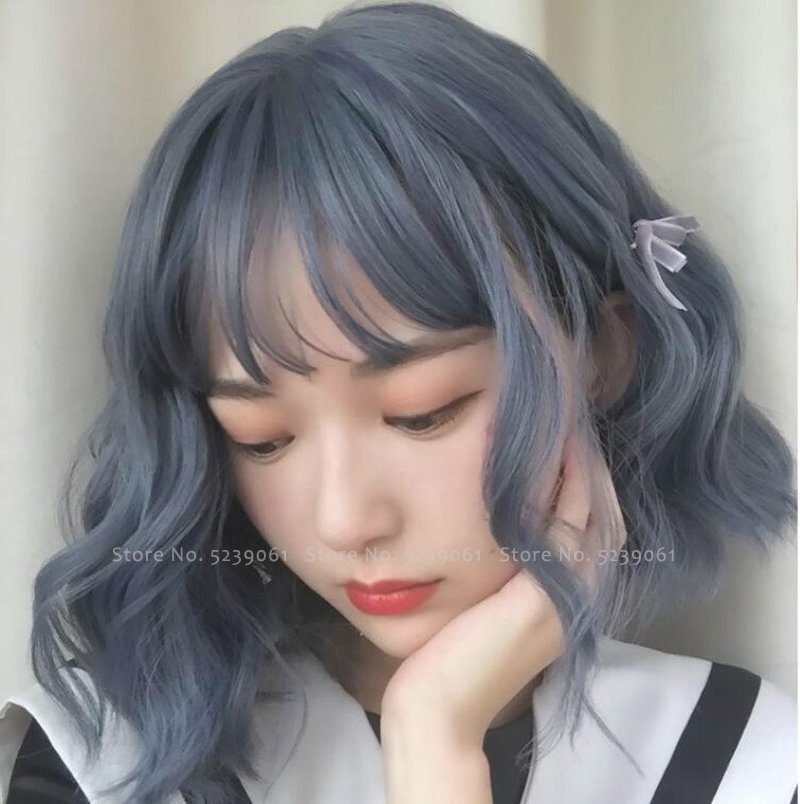 Pelucas grises azul corto con flequillo de aire sintético resistente al calor para mujeres niñas peluca rizada Natural Linda accesorios de Cosplay