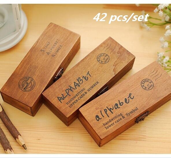 42PCS/set Handwriting Alphabet letter Wooden Stamp Set Retro Vintage Craft Rubber Stamp Set Wooden Box