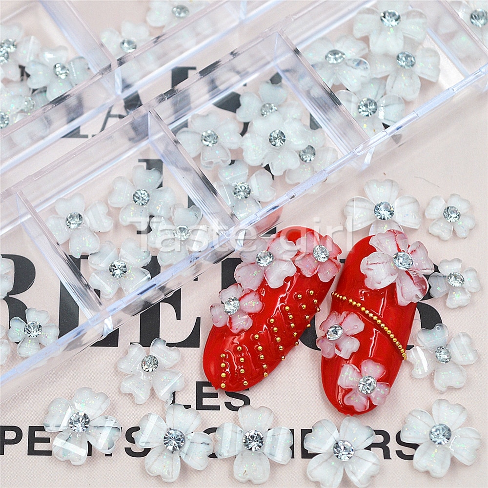 1 ask vit blomma 3d nageldekorationer berlocker naglar glitter strass nageltillbehör verktyg smycken