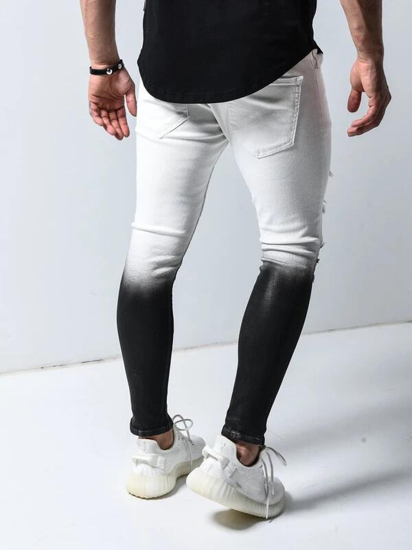 Gradient sort hvid herre jeans skinny flået denim blyantbukser pantalones mand slank streetwear hip hop jean plus størrelse
