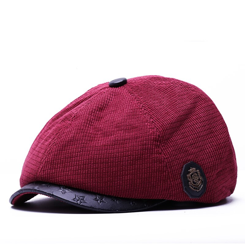 Gorros de invierno de pana para hombre, gorra gruesa y cálida con forro polar, octogonal, informal, para exteriores, 55,5-60cm: wine red 