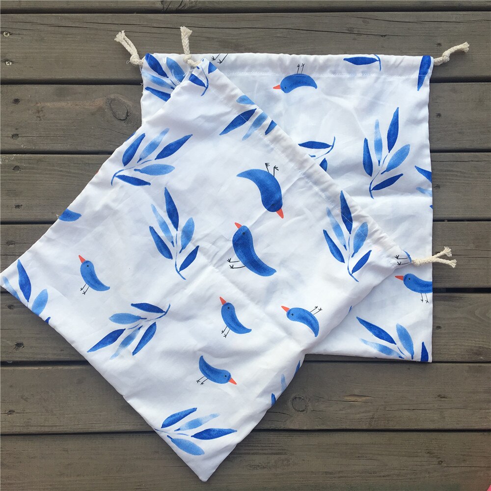 1pc Cotton Twill Drawstring Travel Organized Sorted Bag Party Bag Blue Leaf Bird YL9502
