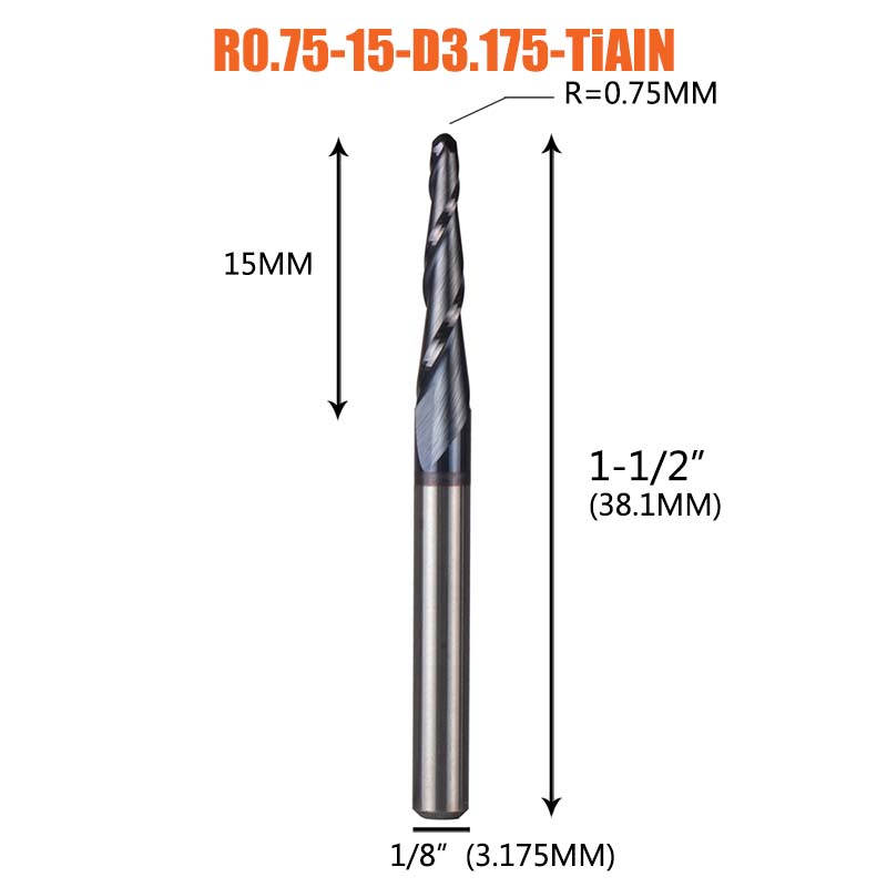1 Pcs Tungsten Vhm Gecoate Taper Ball Nose Cnc Frezen Frezen Voor Hout En Snijders Voor Metalen end Mill: R0.75-15-D3.175
