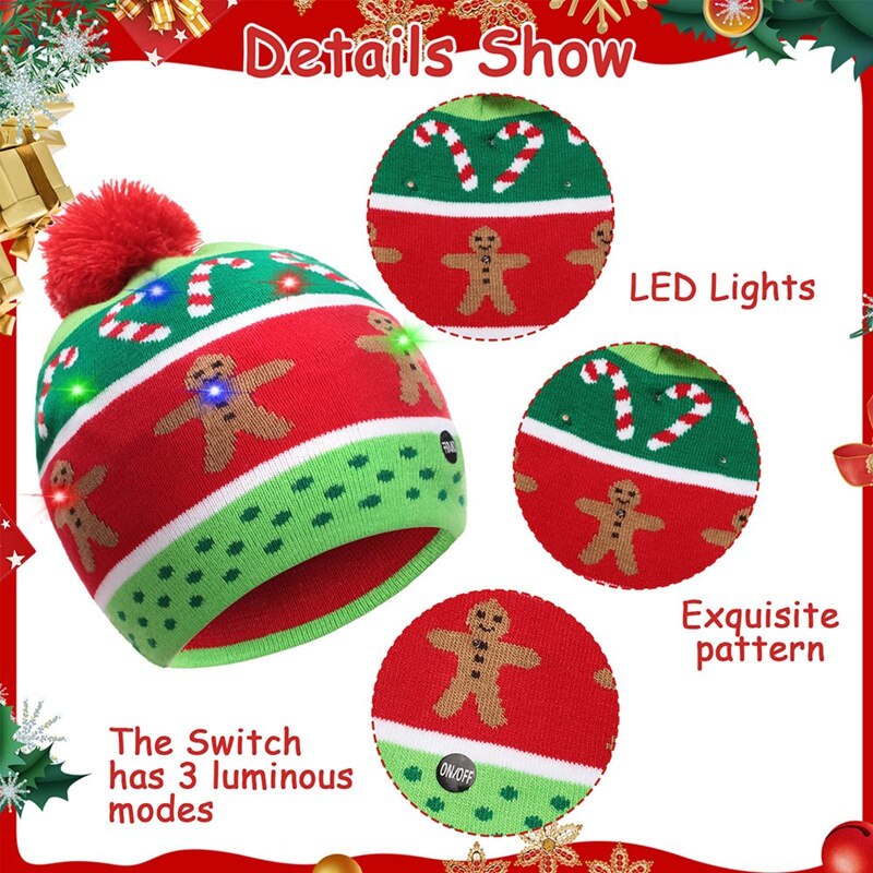 4 Stuks Led Light Up Kerstmuts Beanie Knit Cap Kleurrijke Verlichting Kerst Hoed Led Sneeuw Hoed Winter hoed