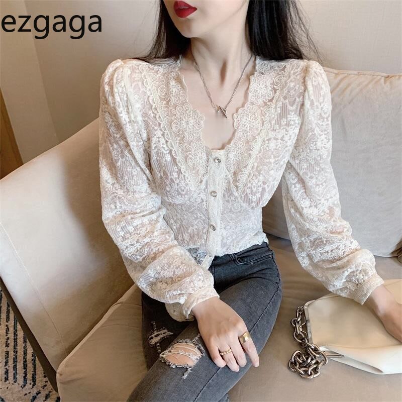 Ezgaga Sexy Blouse Vrouwen V-hals Met Lange Mouwen Lace Patchwork Binnenkant Crop Tops Koreaanse Elegante Dames Shirts Lente Casual