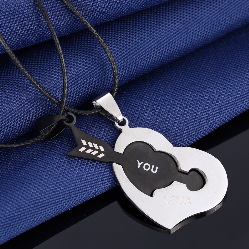 Couples Pendant Necklaces For Women Men Leather Rope Stainless Steel Puzzle Black Arrow Heart Necklace Charms Jewellery