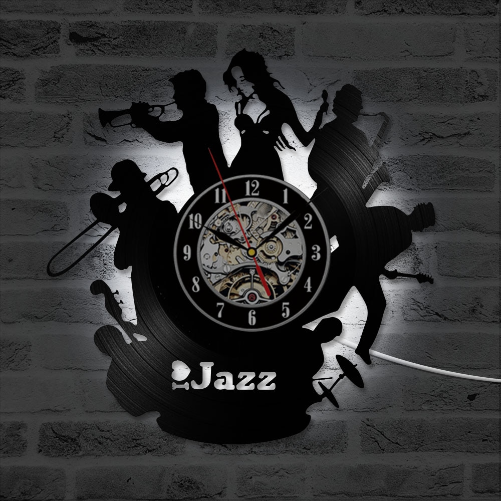 Jazz Black Vinyl Record Hanging Wall Clock Hollow CD Record Wall Clock Antique Hanging LED Clock Home Decor Handmade