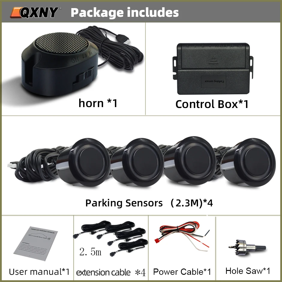 Front Parking Sensor Kit Auto Parktronic Vehicle Assistant System Buzzer Alarm Volume Can be Adjusted Universal: black