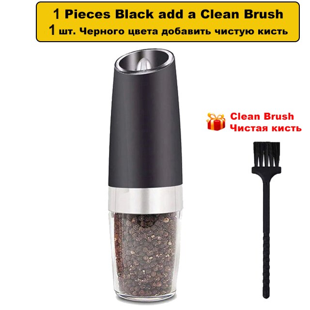 BEEMAN Electric Salt and Pepper Grinder Stainless Steel Automatic Gravity Induction Pepper Mill Kitchen Spice Grinders Tools: 1-Pcs Black