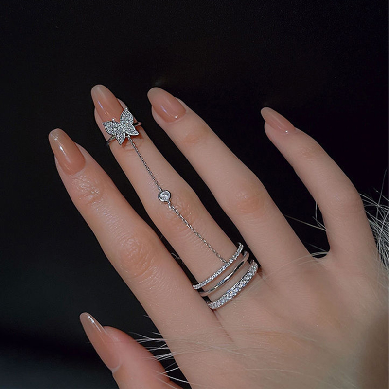 Double Finger Chain Rings for Women Alloy Adjustable Open Finger Ring Party Trend Jewelry