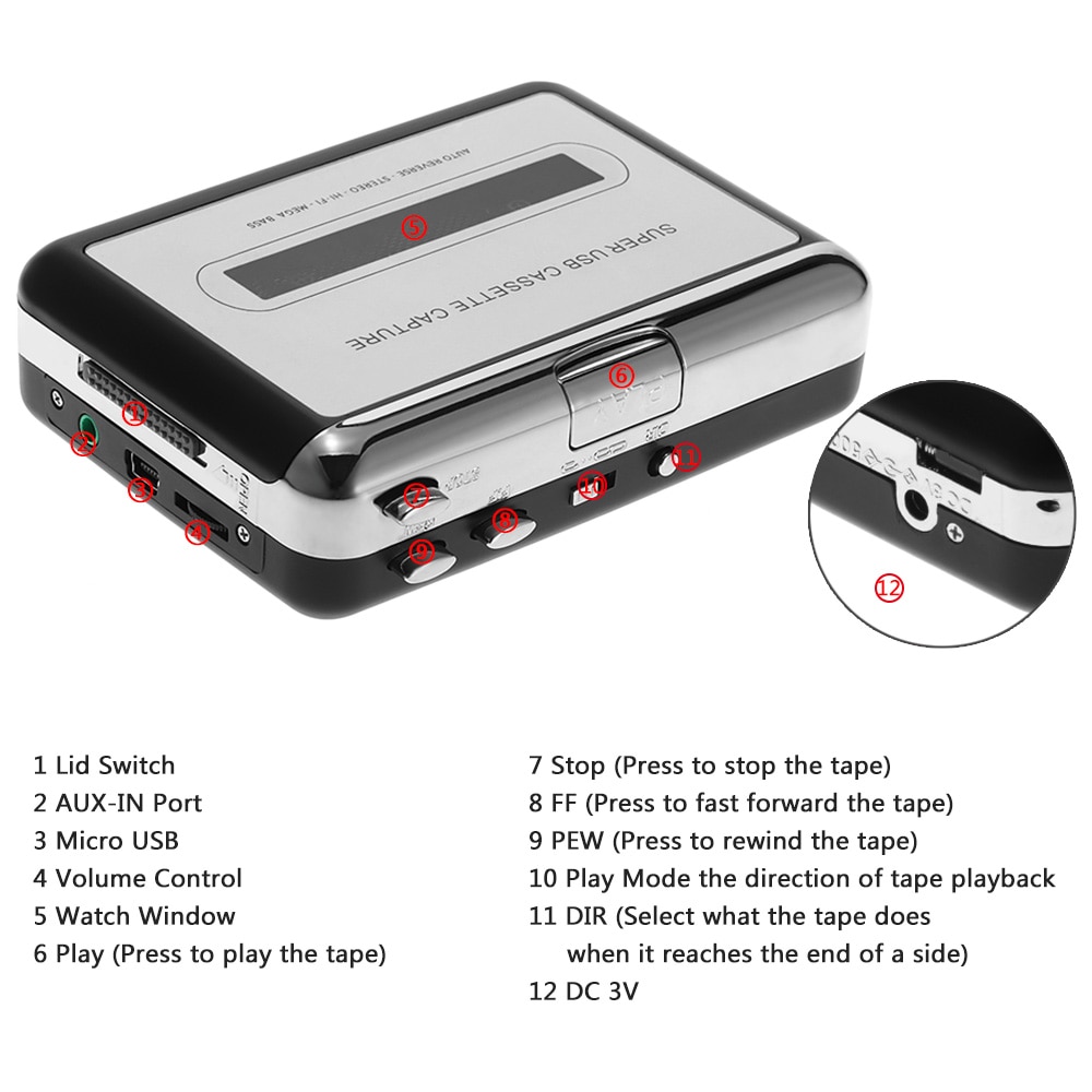 Ezcap USB Cassette Capture Cassette Tape-to-MP3 Converter into Computer Stereo HiFi Sound Mega Bass Audio Music Player