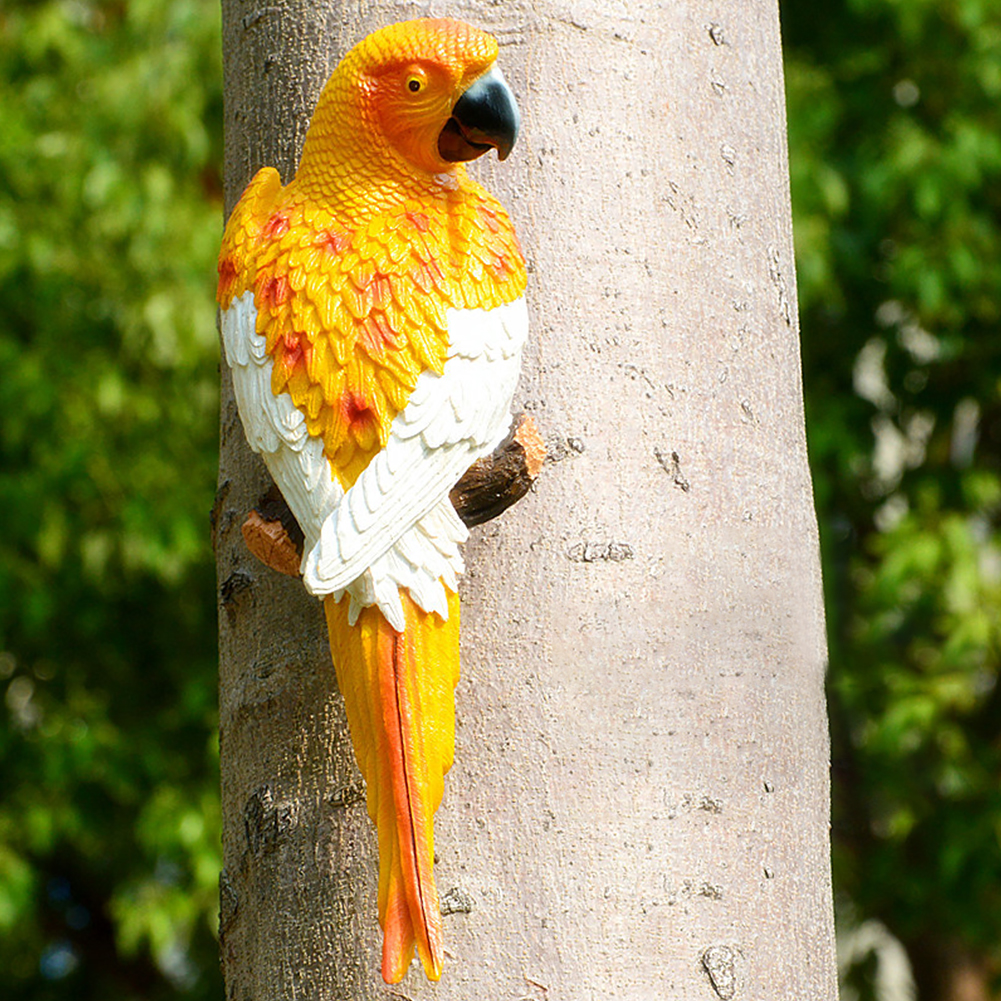 Simulation Resin Parrot Statue Toy Wall-mounted DIY Outdoor Garden Tree Decoration Animal Sculpture Garden Decoration Ornaments: Yellow Left