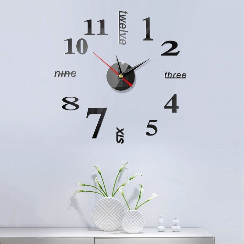 Klok horloge 3d diy acryl spiegel wand digitale klok stickers muurdecoratie woonkamer muur ornament huisdecoratie: Zwart