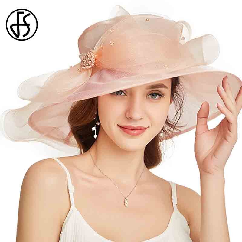 FS Beige Weiß Organza Breite Krempe Sonnenhut Hüte Für Frauen Kirche Hüte Frauen Elegante Kentucky Derby Hütte Damen Großen Bogen Fedora