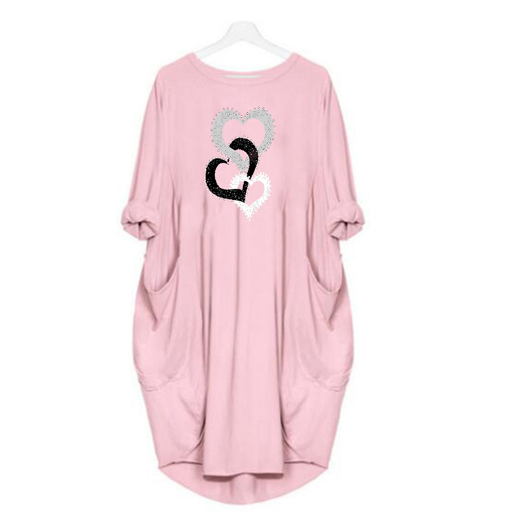 Vestido con bolsillo estampado en forma de corazón para mujer, ropa informal de manga corta con cuello redondo para primavera y verano