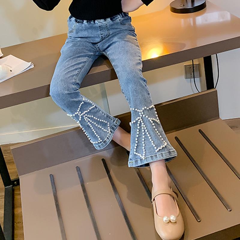 Pantalones vaqueros de cintura alta para niñas, pantalones ajustados con cuentas, ropa para adolescentes de 4, 7, 9, 11 y 14 años