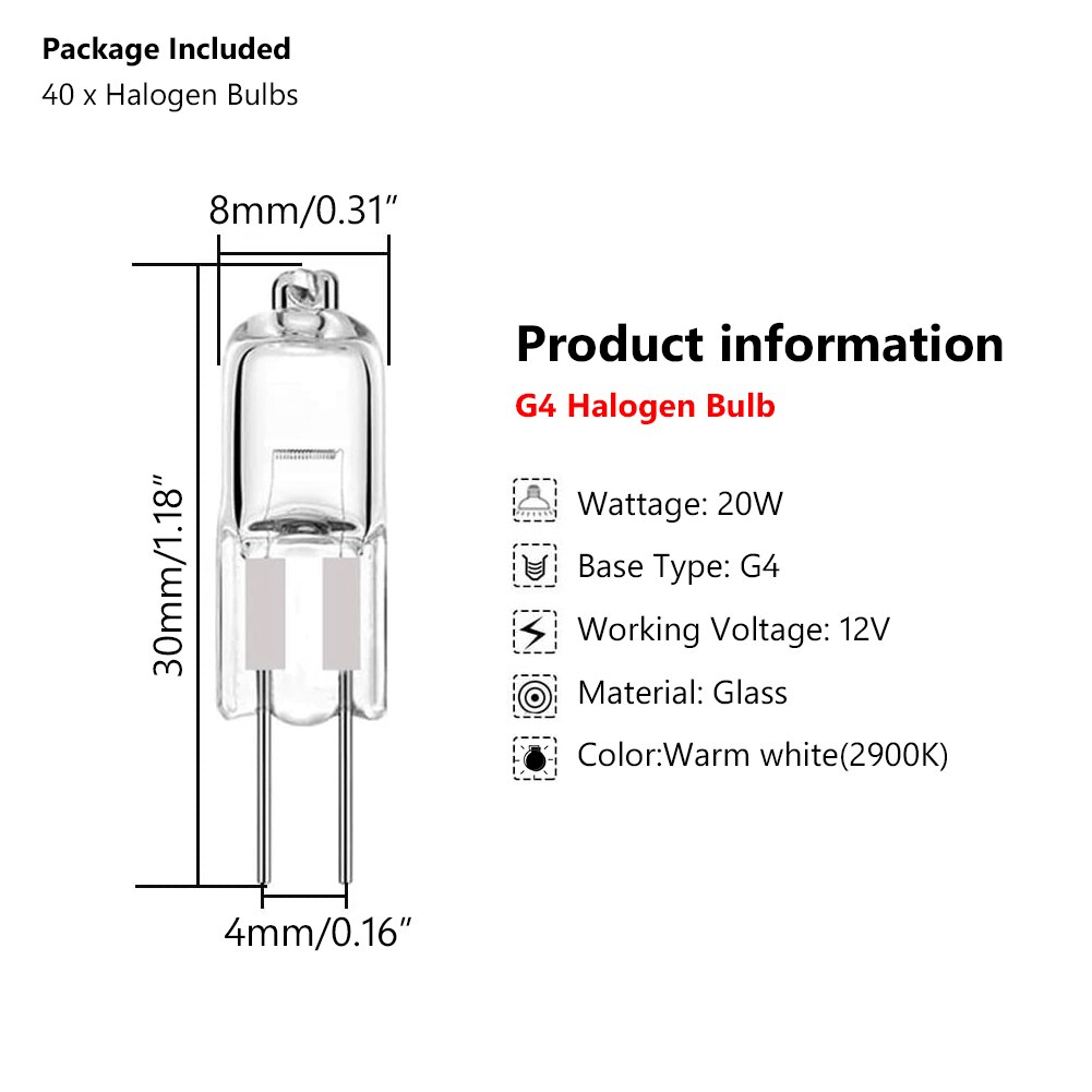 40 stk/lot ultra  g4 12 v 20 w halogenlampe  g4 12v pære innsatte perler krystalllampe halogenpære 20w 12v lav pris