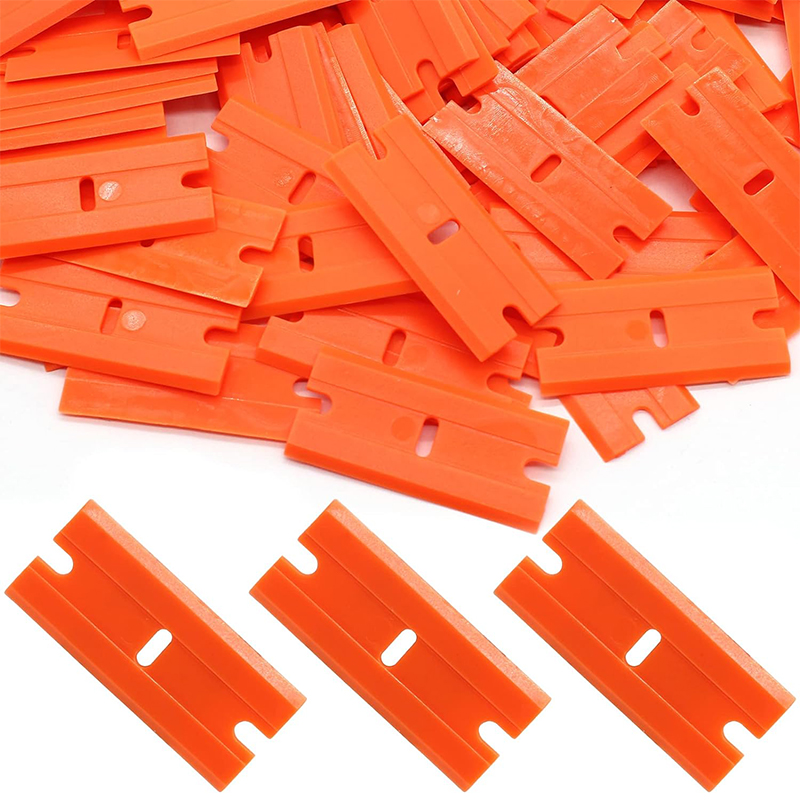 100 Stück zwei schneidende Kunststoff-Rasierklingenetiketten, sauberer Rasierer, Kleberentferner, Fensterglas, sauberer Schaber, Autoverpackung, Aufkleber, Rakel