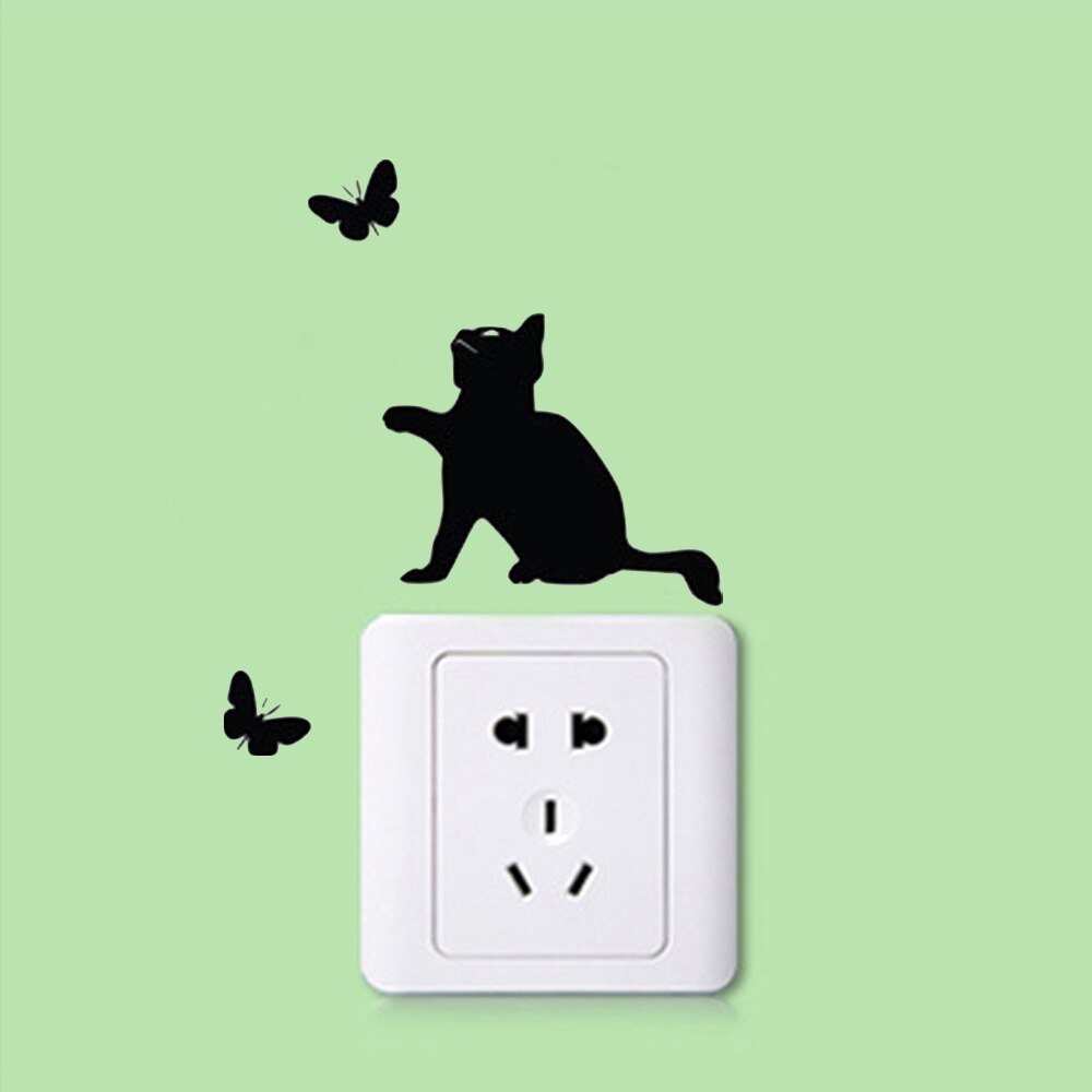 Wall Sticker Black Cat Switch Stickers Removable Wall Decal Mural Cute Cat Butterfly Socket Paste DIY Funny Kids Room Home Decor