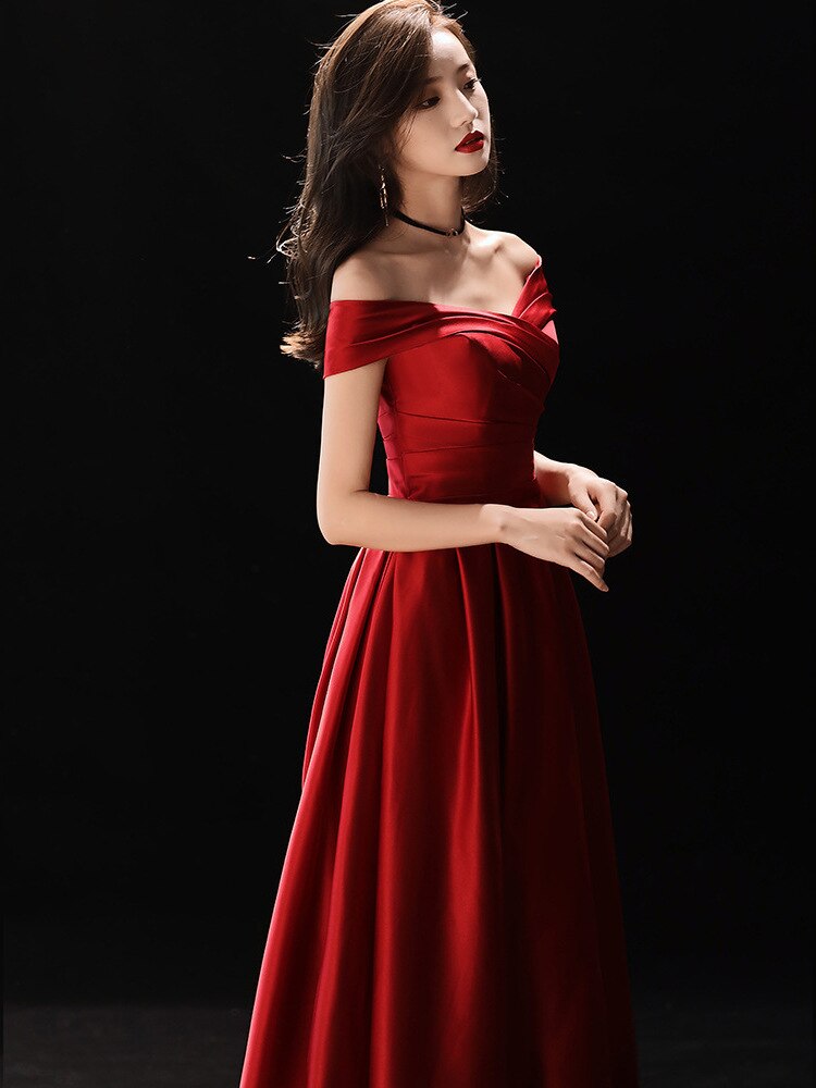 Vestido largo de noche para mujer, prenda con hombros al descubierto, temperamento Noble, talla grande, vino tinto, tostado, novia, Reunión Anual: S