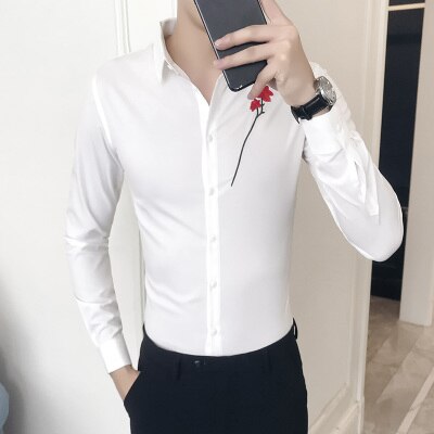 Camisa coreana para hombre, de primavera, ajustada, con bordado, informal, de manga larga, para caballeros, blusas sociales.: Blanco / Asiático 4xl 77-85kg