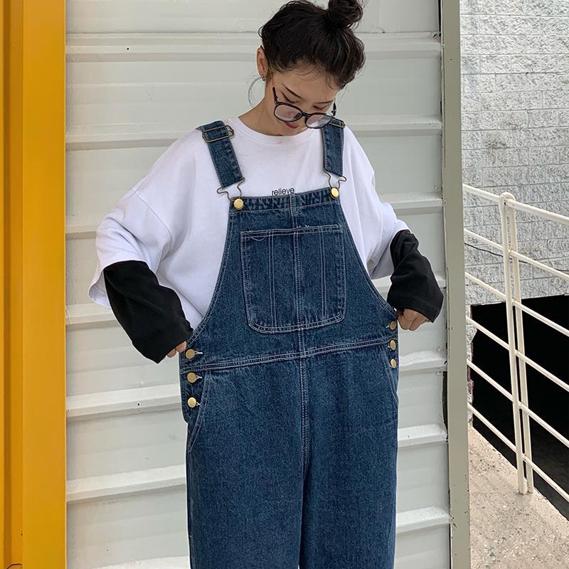 Jumpsuits kvinner retro solid denim løs jumpsuit harajuku søt jente bf vintage streetwear japansk chic trendy tenåringer fritid