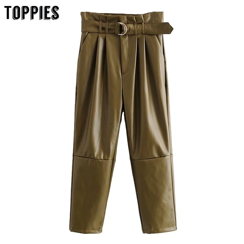 Efterår vinter army grønne læderbukser højtaljede paperbage bukser kvinder sweatpants streetwear
